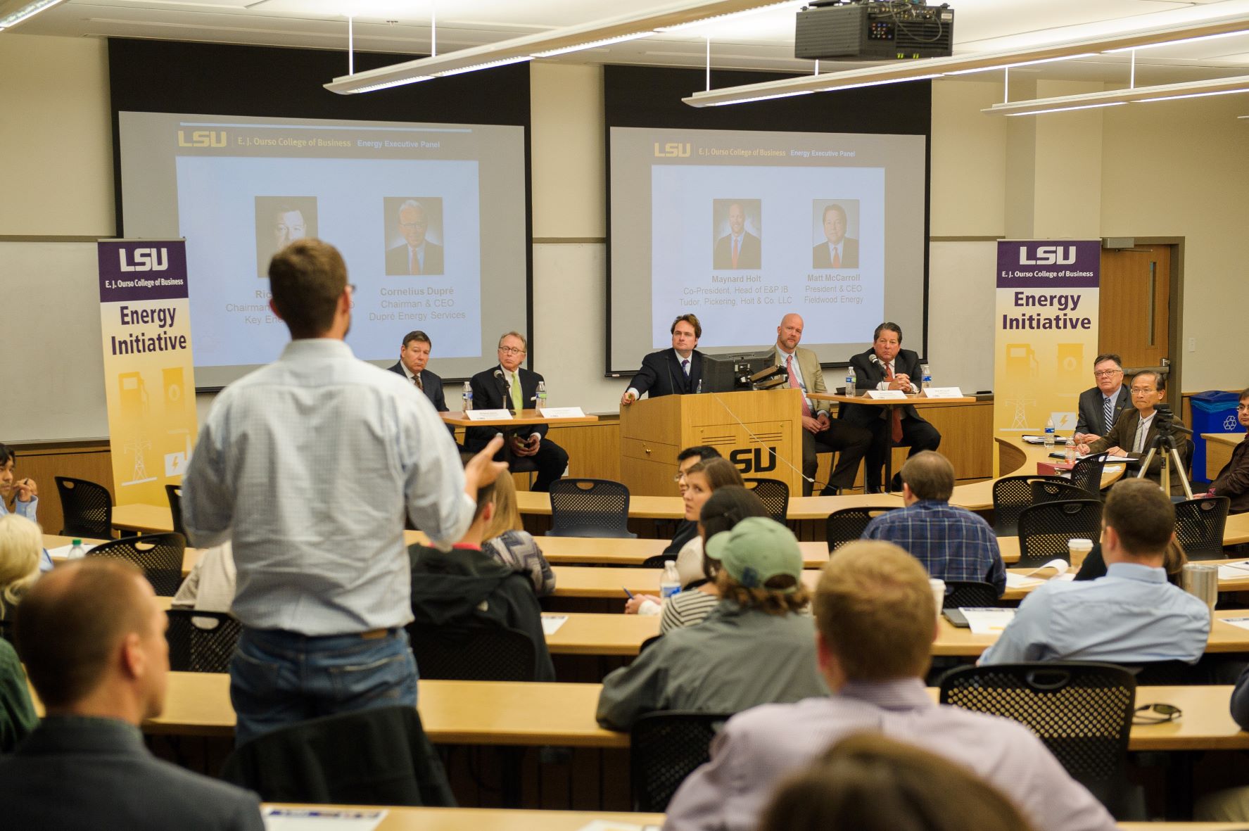 student asks question at speaker panel