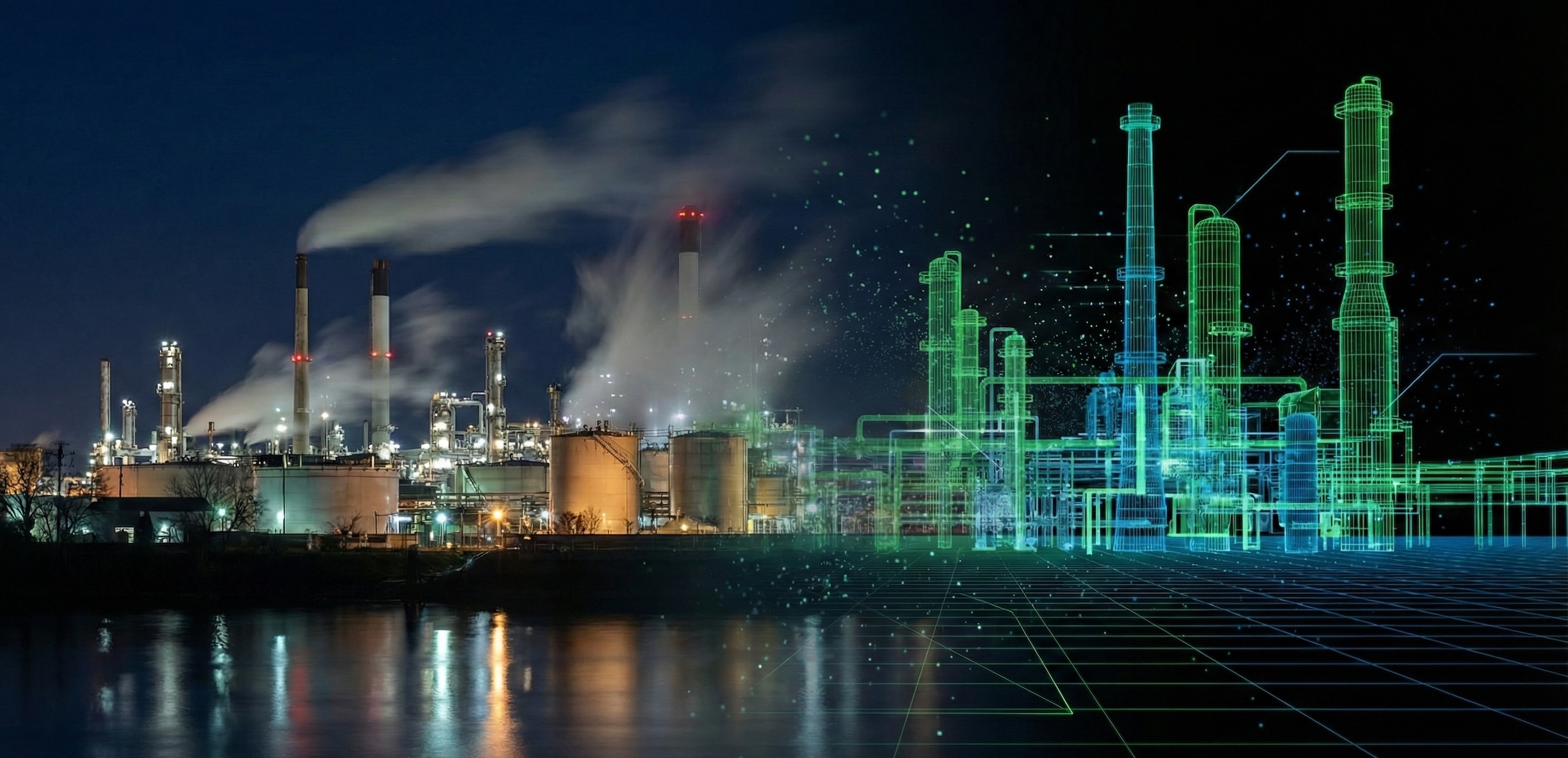 A photo of a petro chemical plan tranistioning into a 3d wireframe.