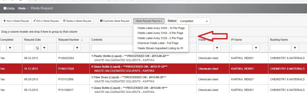 On the Waste Request page with the "View Request Reports" button selected. An arrow pointed at drop-down list.