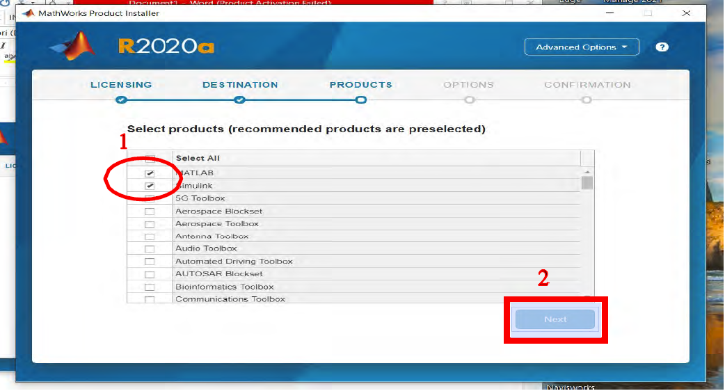 Select MATLAB and Simulink and click Next