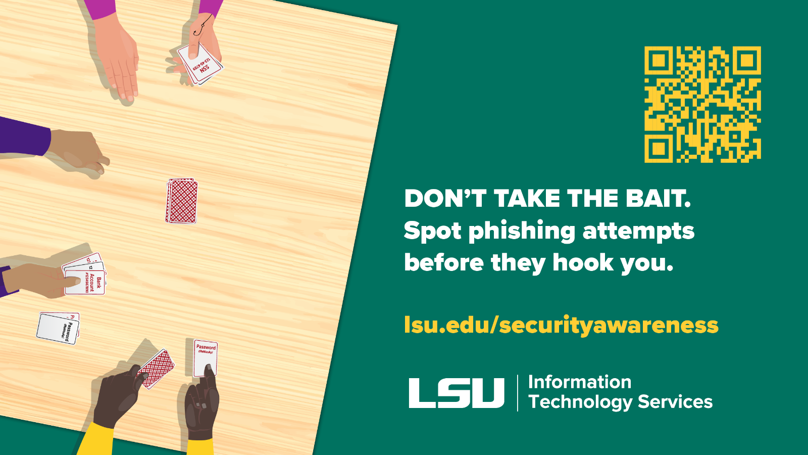 Dont take the bait. Spot phishing attempts before they hook you. Go fish played on table with green background.