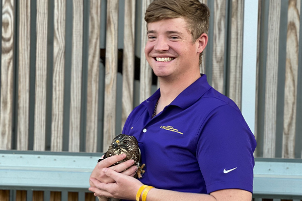 Patrick Rollefson with American kestrel